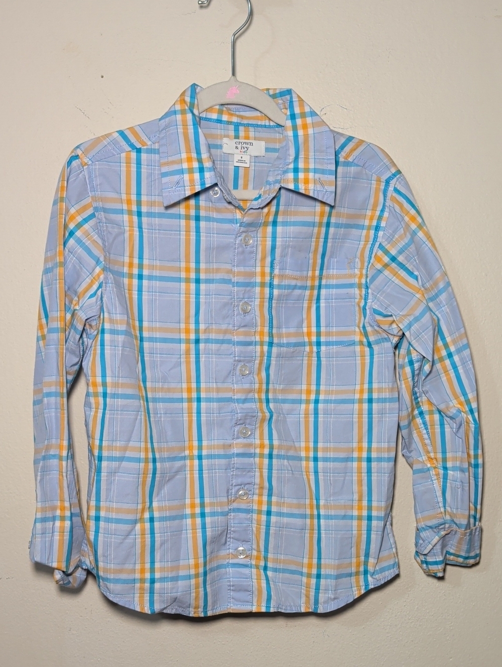 Crown & Ivy Long-Sleeve Button Shirt Blue Orange Plaid Preppy Boys Size 8